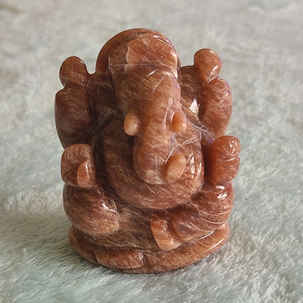 Hand-Carved Sunstone/moonstone Ganesha Figurine
